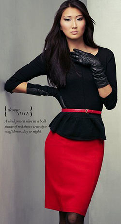 Red pencil skirt with peplum black top: Cocktail Dresses,  Pencil skirt,  fashion model,  Ann Taylor,  Black And Pink Outfit,  Peplum Tops  