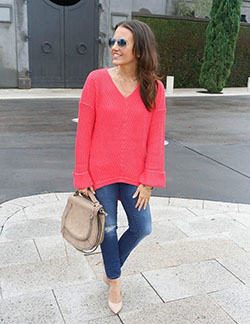 Outfit coral sweater outfit, street fashion, electric blue, fashion blog, casual wear: fashion blogger,  Electric blue,  Street Style,  Orange Outfits  