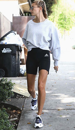 Outfit style hailey baldwin sportswear paris fashion week, street fashion: T-Shirt Outfit,  White Outfit,  Cycling shorts,  Street Style,  Paris Fashion Week,  Quarantine Outfits 2020  