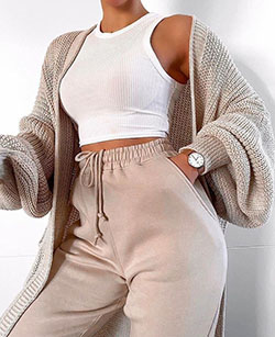 Beige and white colour outfit ideas 2020 with crop top, sweater, hoodie: Crop top,  T-Shirt Outfit,  Missy Empire,  Beige And White Outfit,  Quarantine Outfits 2020,  tank top  