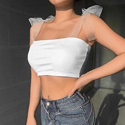 Cute white crop top, sleeveless shirt, shoulder strap, shoelace knot, Fashion model, tube top, crop top, t shirt: Crop top,  Sleeveless shirt,  Tube top,  Shoulder strap,  T-Shirt Outfit,  Bandeau Dresses  