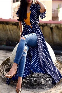 Dresses ideas printed long shrug, street fashion, cobalt blue, polka dot, crêpe: Cobalt blue,  Street Style,  Cobalt Blue And Blue Outfit,  Jeans & Kurti Combination  