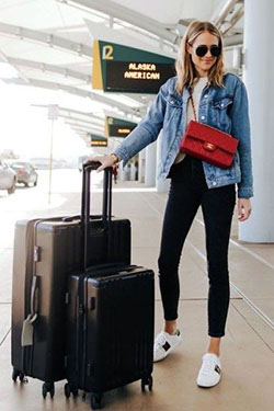 Denim jacket airport outfit slim fit pants, hand luggage: Jean jacket,  T-Shirt Outfit,  Airport Outfit Ideas,  Denim Jacket with Crop Top,  Slim-Fit Pants  