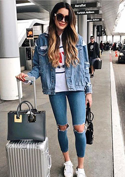 Colour dress airport look denim, street fashion, denim skirt, jean jacket, casual wear, t shirt: Jean jacket,  T-Shirt Outfit,  Street Style,  Airport Outfit Ideas  