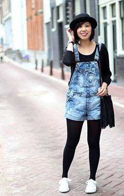 H&m short dungaree, street fashion, h&m: Street Style,  White And Blue Outfit,  Jumper Dress  