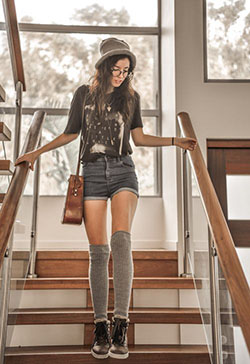 Grey knee high socks outfits: T-Shirt Outfit,  Knee highs,  Brown And Black Outfit,  Thigh High Socks  