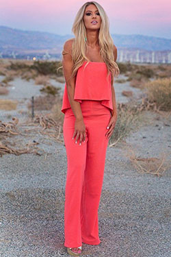 Coral and pink colour combination with romper suit, trousers: Romper suit,  fashion model,  Orange Outfits  