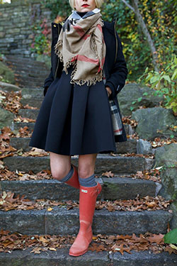 Brown and red colour outfit, you must try with little black dress, little black dress, trousers, tartan: Wellington boot,  Street Style,  Boot Outfits,  Little Black Dress  