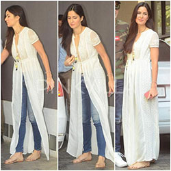 Casual katrina kaif dresses, katrina kaif, party dress, casual wear, formal wear: party outfits,  White Outfit,  Katrina Kaif,  Formal wear,  Jeans & Kurti Combination  