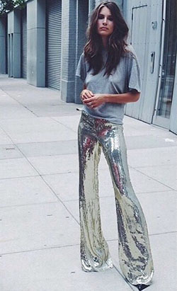 Colour ideas disco outfit glitter, street fashion, bell bottoms, photo shoot, long hair: Long hair,  Sequin Dresses,  Street Style,  Bell Bottoms  