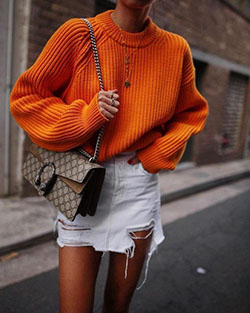 Gucci bag street style, gucci dionysus, street fashion, denim skirt: Denim skirt,  Hot Girls,  Street Style,  Orange Outfits  