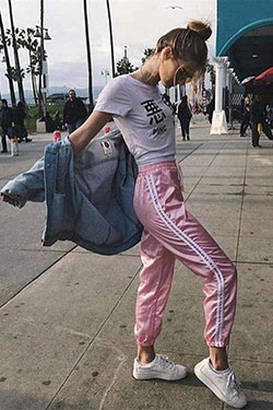 Colour outfit, you must try gym sweatpants women, street fashion, womens pants: Yoga pants,  Street Style,  Pink Outfit,  Silk Pant Outfits  