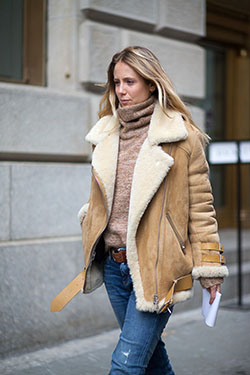 Aviator jacket womens outfit shearling aviator jacket, winter clothing: winter outfits,  Polo neck,  Shearling coat,  Flight jacket,  Street Style,  Beige Outfit  