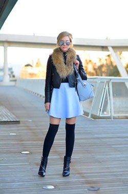 Outfit denim skirt with knee high socks: Knee highs,  Street Style,  Blue Outfit,  Thigh High Socks  