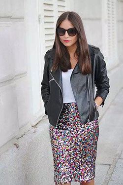 Sequin skirt outfit ideas sequin maxi skirt, leather jacket: Leather jacket,  Sequin Skirts,  Street Style,  White And Pink Outfit,  Sequin Outfits,  Black Leather Jacket  