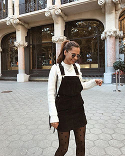 Overall dress with sweater black and white, street fashion: Street Style,  Black And White Outfit,  Black And White,  Jumper Dress  