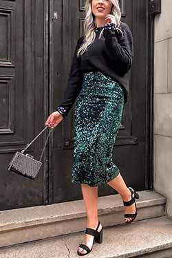 Turquoise colour outfit ideas 2020 with pencil skirt, denim skirt, denim: Denim skirt,  Pencil skirt,  Sequin Dresses,  Street Style,  Turquoise Outfit  