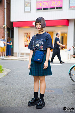 Blue trendy clothing ideas with vintage clothing, tartan, skirt: Vintage clothing,  T-Shirt Outfit,  Street Style,  Japanese Street Fashion,  Blue Outfit,  Creepers Outfits,  Fashion week  