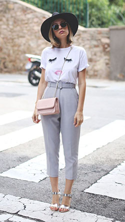 Brown and white colour outfit with dress shirt, trousers, sweater: Crew neck,  shirts,  T-Shirt Outfit,  Street Style,  Brown And White Outfit  