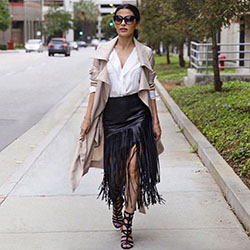 Brown colour combination with leather, jeans, skirt: fashion model,  Street Style,  Brown Outfit,  Fringe Skirts  