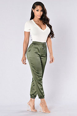 Khaki and green colour combination with trousers, pajamas, shorts: fashion model,  Khaki And Green Outfit,  Silk Pant Outfits  