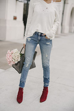 White and pink colour combination with ripped jeans, blazer, denim: Ripped Jeans,  T-Shirt Outfit,  White And Pink Outfit,  Outfit With Boots  