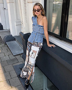 Ganni denim maxi skirt, street fashion, denim skirt: Denim skirt,  Street Style,  One Shoulder Top  