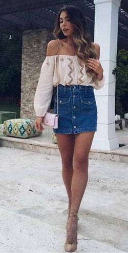 Brown colour combination with jean short, shorts, skirt: Brown Outfit,  Denim skirt  