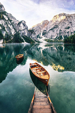 Braies lake in dolomites, water transportation, natural landscape, pragser wildsee, mountain range: FASHION  