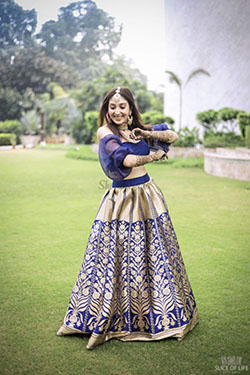 Off shoulder banarasi lehenga, banarasi sari, ghagra choli, blue lehenga, photo shoot, formal wear: Formal wear,  Yellow And Blue Outfit  