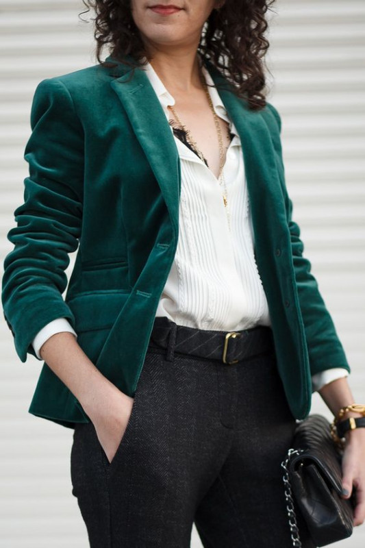 Green Velvet Coat With White Shirt For Business Meetings: Business casual,  Office Outfit,  Interview Outfit,  White Shirt  