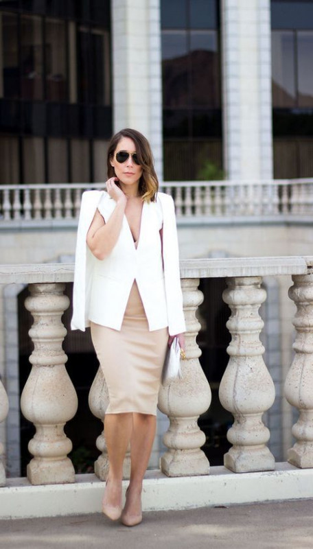 White Cape Coat With Beige Pencil Skirt: Pencil skirt,  Blazer Outfit,  White Blazer,  Cocktail Party Outfits,  Smart casual  