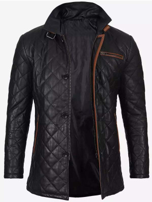 Mens Black Diamond Quilted Leather Jacket: 