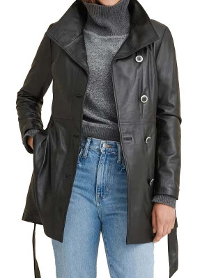 Womens Classic Black Belted Leather Coat: 