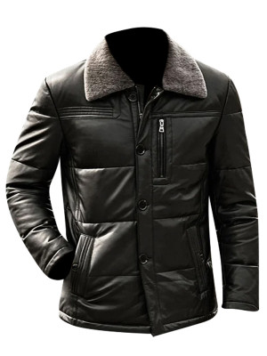 Mens Classic Puffer Style Leather Jacket: 