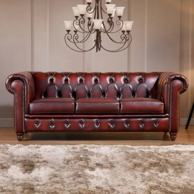 Max Chesterfield 3 Seater Leather Sofa – Leather Antique Red: 