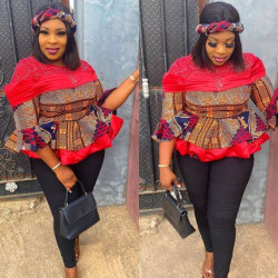 Red dresses ideas with black denim, jeans, top, ankara designs, long sleeve blouse: Ankara Outfits,  Ankara Dresses  