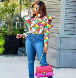 Long sleeve ankara tops designs for ladies, ankara outfit with jeans, dress styles: ankara tops,  Ankara With Denim  