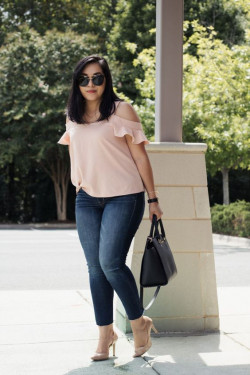 Pink outfit inspiration with top, jeans: 