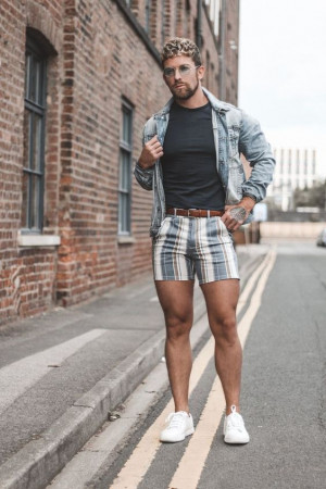 Lookbook fashion with jeans, denim, shorts, tartan, dress shirt: 