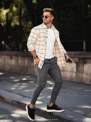 Look inspiration with shirt, tartan, trousers, dress shirt: 