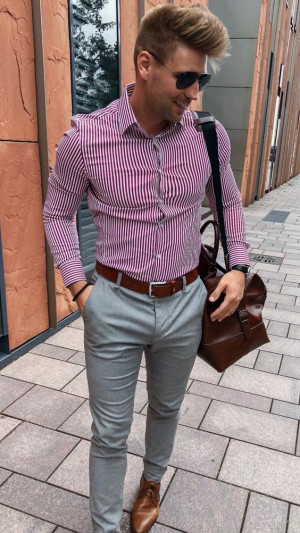 Striped shirt grey pants, t-shirt: 