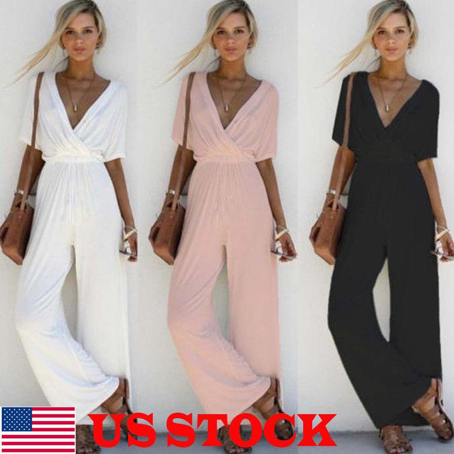 US Women V Neck Loose Playsuit Party Ladies Romper Short Sleeve Long Jumpsuit: Cocktail Mini Dress,  Plus Size Party Outfits,  Black Girl Plus Size Outfit  