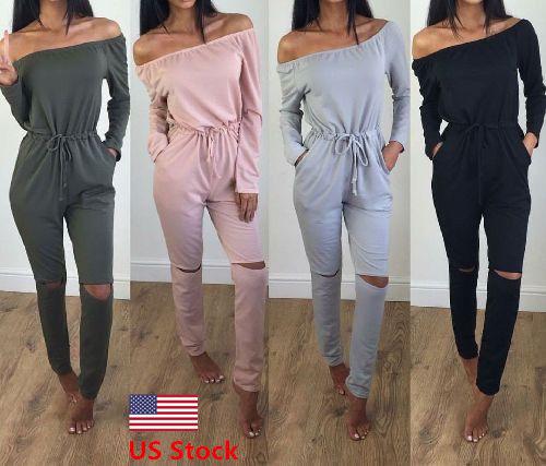 US Women's Off Shoulder Playsuit Bodycon Long Sleeve Jumpsuit Romper Trousers: 