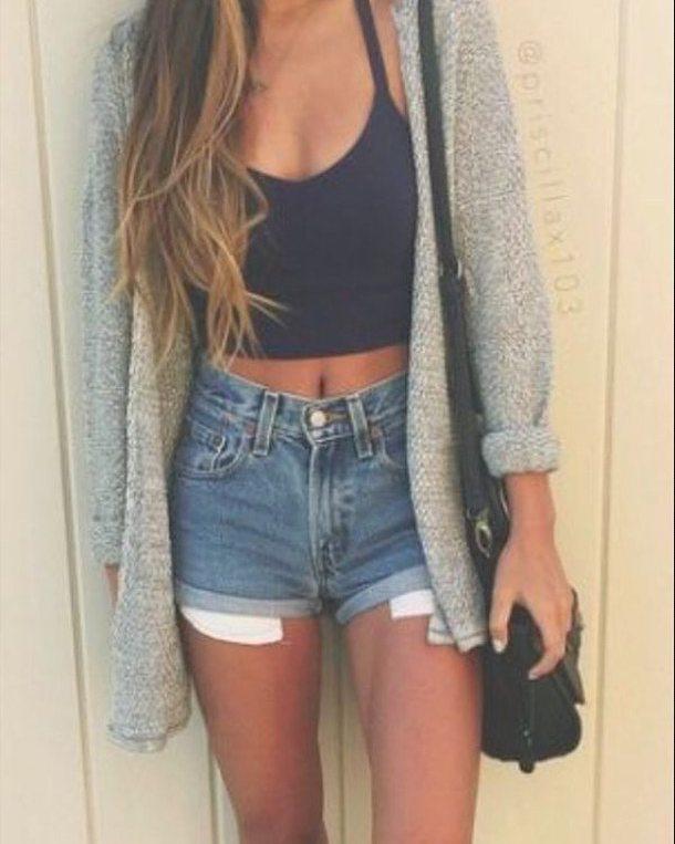 Top Outfits Shorts. Trending And Girly Summer Outfit Ideas With Denim ShortsCrop top Sleeveless shirt