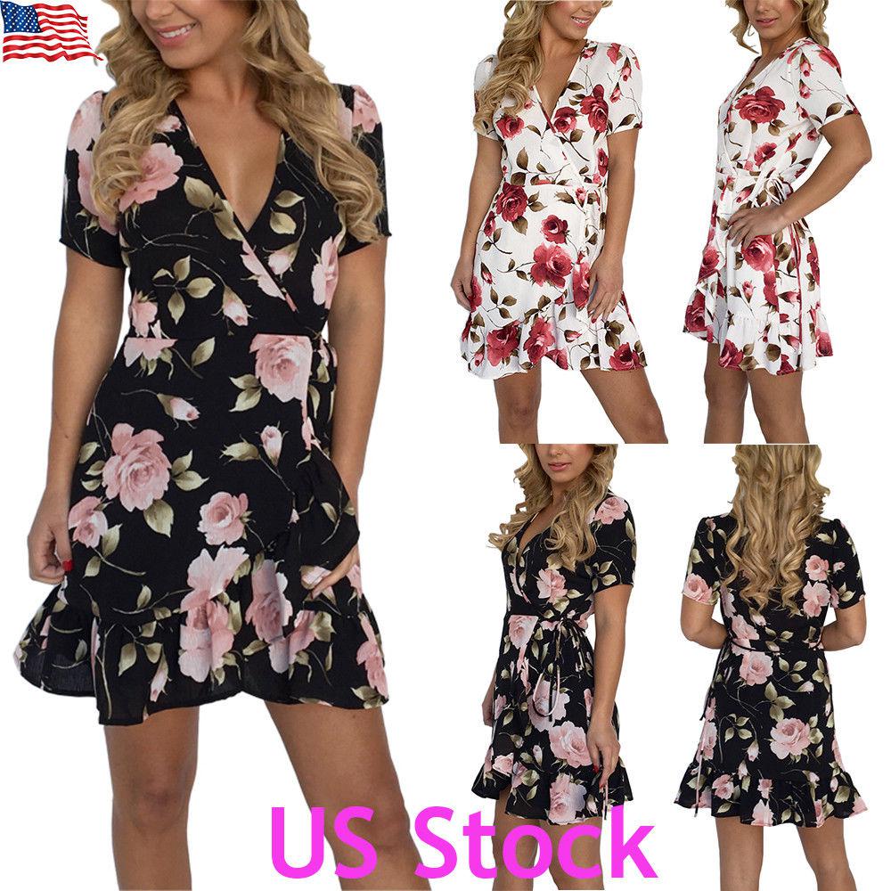 Women's Short Sleeve Floral Wrap Dresses Ladies V-neck Ruffles Mini Dress Party: Deep V-Neck  