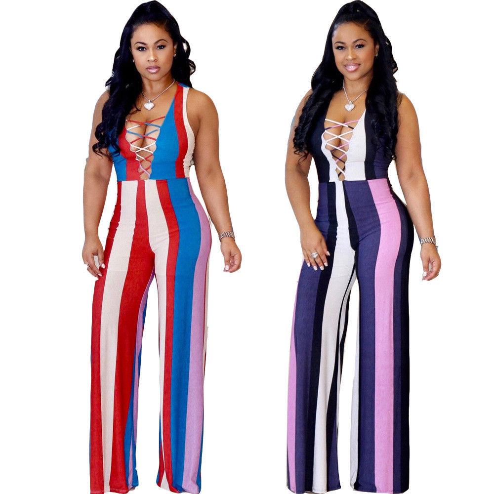 Summer Women Jumpsuits Multi-color mixing Striped Hollow Out Tank Sleeve Rompers: 