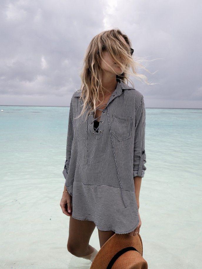 Beach Vacation Outfits : Beach outfit -- grey cover up and straw hat