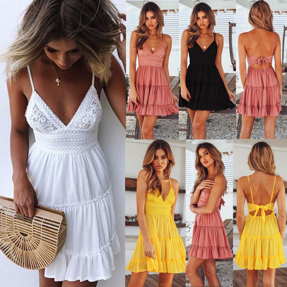 US Womens Sleeveless Holiday Lace Beachwear Ladies Summer Beach Swing Sundress: holiday dress,  Women Sleeveless Dress  