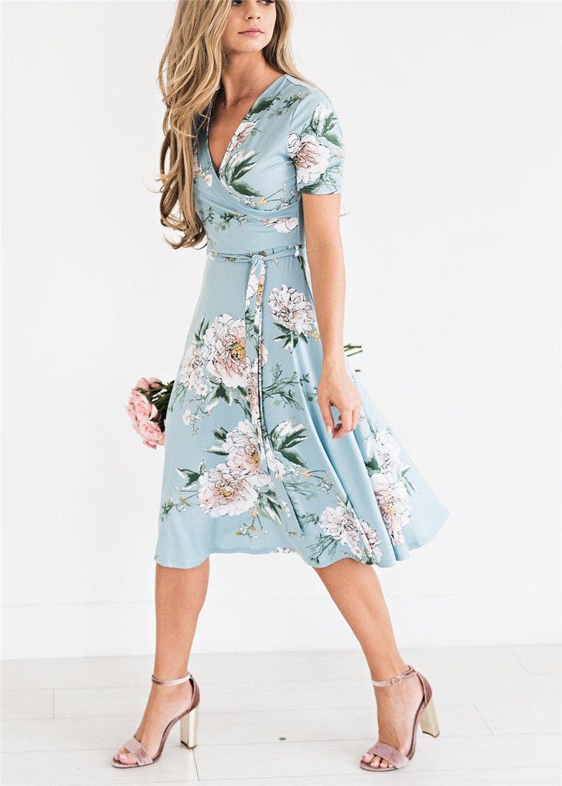 Women Floral Print Short Sleeve Dress Ladies Boho Long Maxi Summer Evening Party